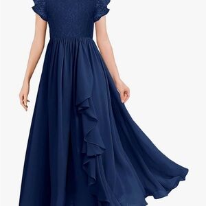 Mitilly Navy Blue Flower Girl Dress with Lace and Chiffon Size 6/7